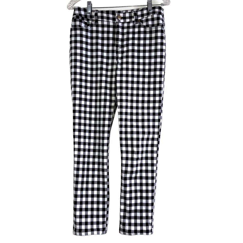 CHICO'S Size US 4 / 0 Black & White Gingham Check Cotton Stretch SLIM LEG Pants